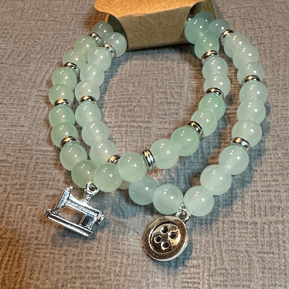 Elegant Silver and Green Sewing Beaded Bracelet Set